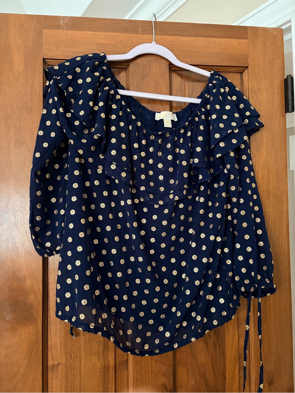 Michael Kors Navy Blouse with Gold designs and Ruffle Neckline